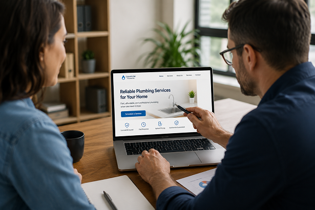 Business owner reviewing website performance and conversion metrics on a laptop